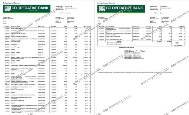 Kenya Co-operative Bank account statement Word and PDF template, 2 pages